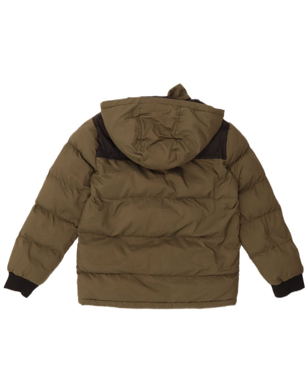 TIMBERLAND Boys Hooded Padded Jacket 11-12 Years XS Khaki Colourblock