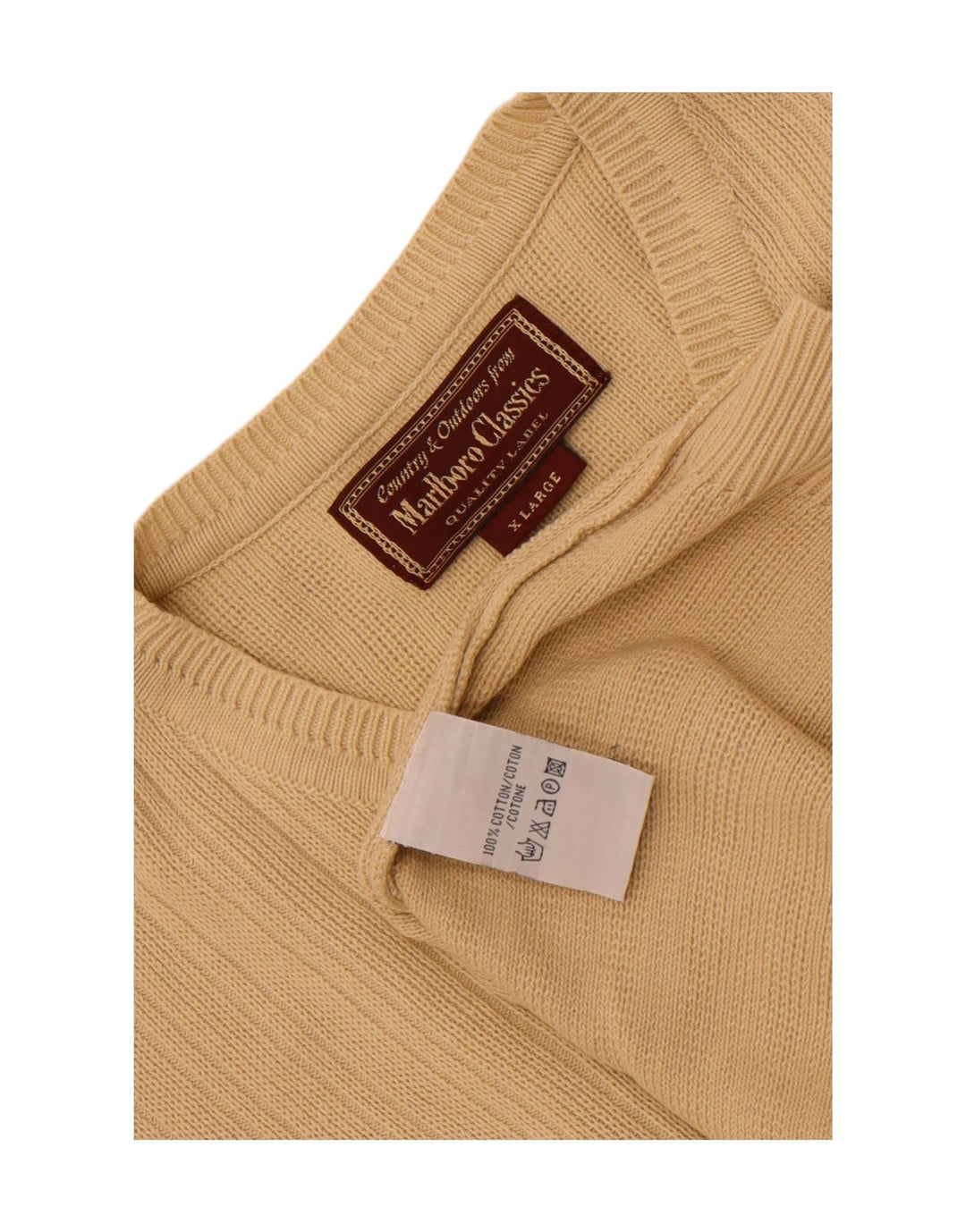 Marlboro Classics Mens V-Neck Jumper Sweater XL Beige Cotton