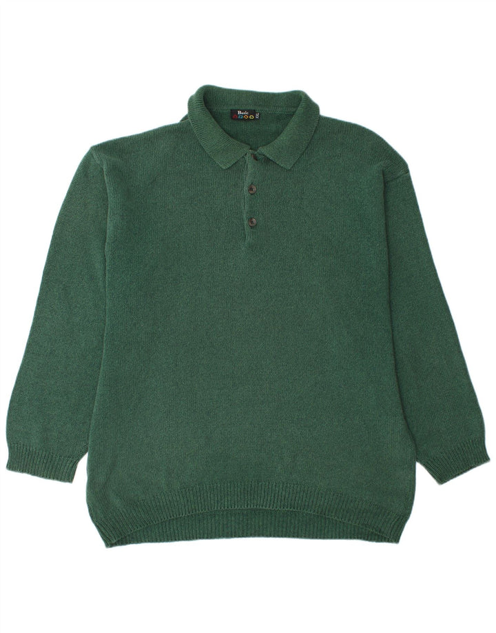 BASIC Mens Polo Neck Jumper Sweater 2XL Green Cotton