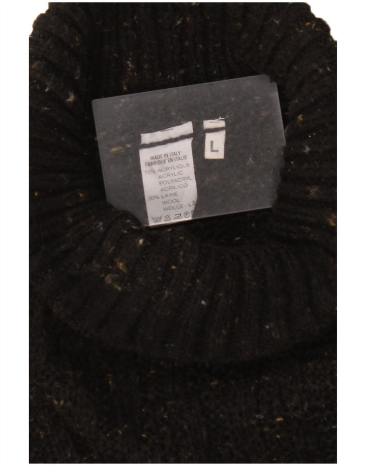 VINTAGE Mens Roll Neck Jumper Sweater Large Black Flecked Acrylic