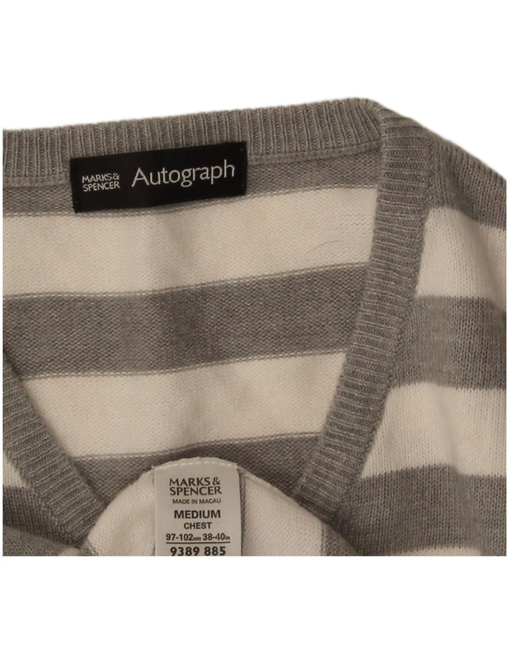 Marks & Spencer Mens Autograph V-Neck Jumper Sweater Medium Grey Striped