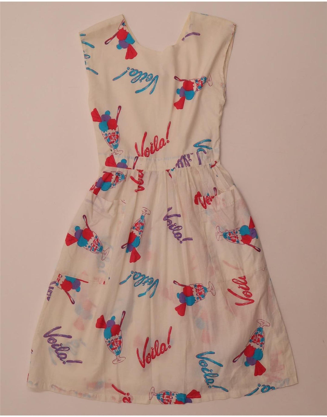 VINTAGE Womens Abstract Pattern Sleeveless A-Line Dress UK 8 Small White