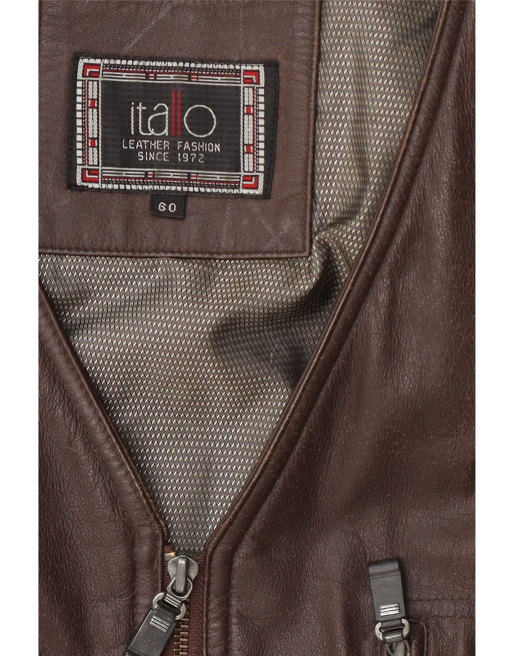 Itallo Mens Leather Utility Gilet IT 60 4XL Brown