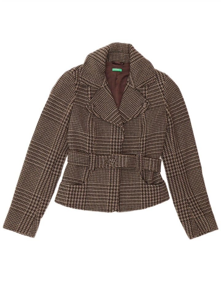 Benetton Womens Belted Blazer Jacket IT 40 Small Brown Houndstooth Wool