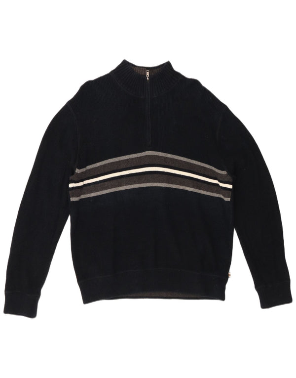EDDIE BAUER Mens Zip Neck Jumper Sweater Large Navy Blue Striped Cotton