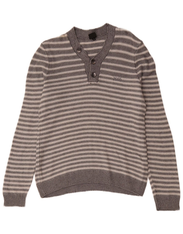 Hugo Boss Mens V-Neck Jumper Sweater Small Grey Striped Cotton