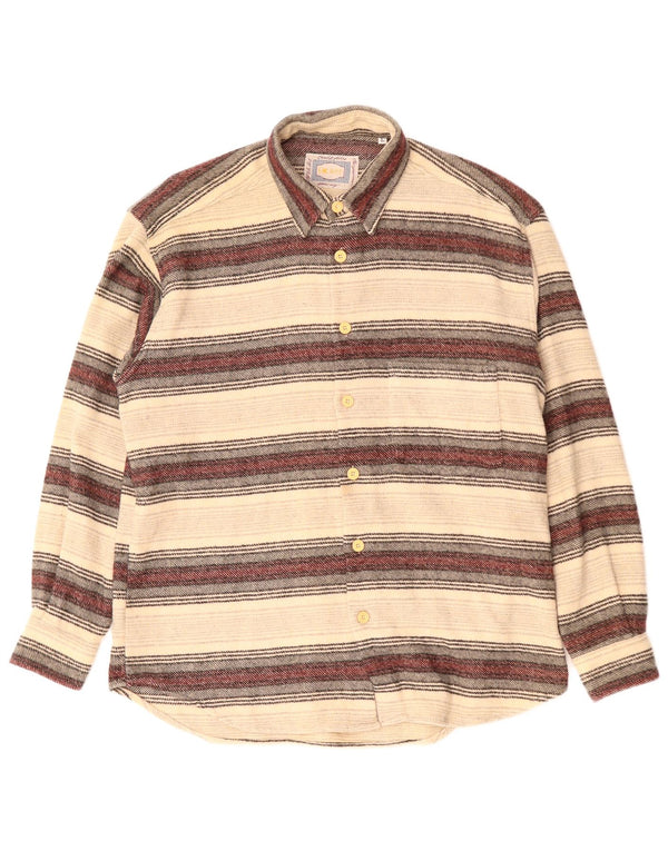 VINTAGE Mens Flannel Shirt Large Beige Striped Acrylic
