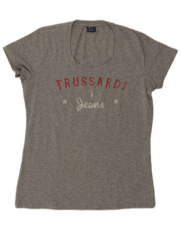 Trussardi Jeans Womens Graphic T-Shirt Top UK 14 Large Grey Cotton