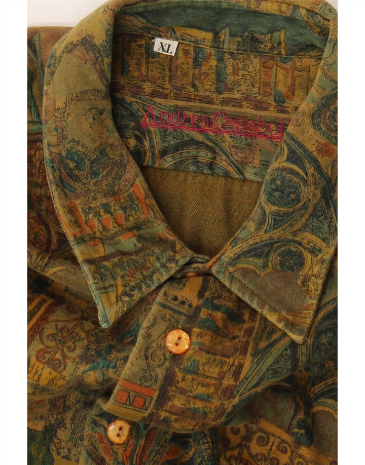 Vintage Mens Abstract Pattern Shirt XL Khaki