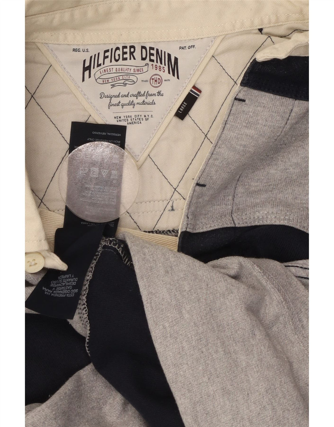 TOMMY HILFIGER Mens Graphic Rugby Polo Shirt Large Navy Blue Striped