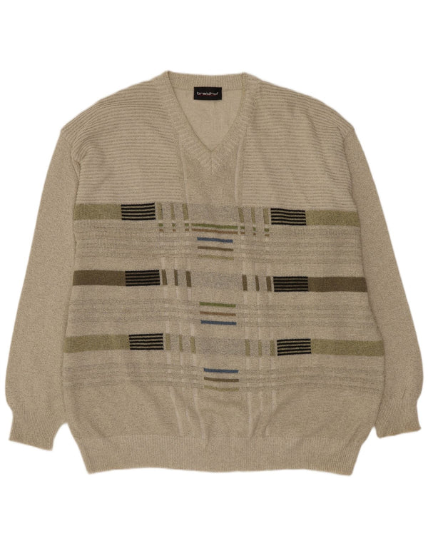 Breidhof Mens V-Neck Jumper Sweater 2XL Green Striped Cotton