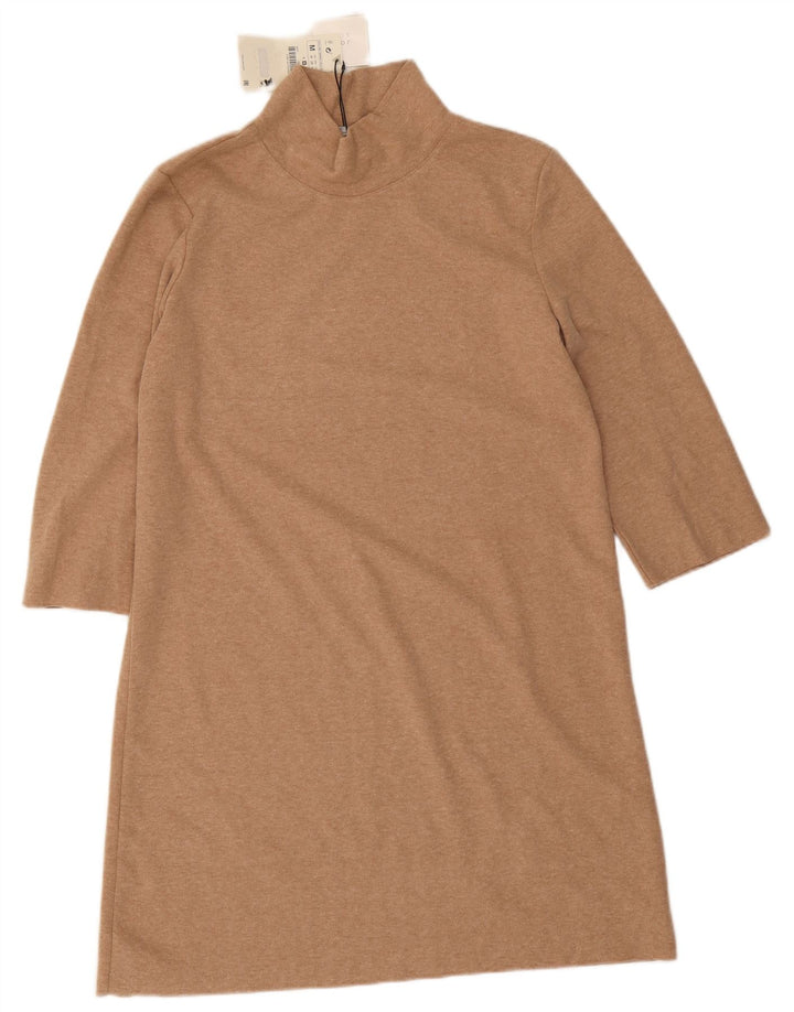 Zara Womens 3/4 Sleeve A-Line Dress UK 12 Medium Beige Polyester