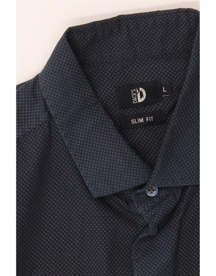 DACK'S Mens Abstract Pattern Slim Fit Shirt Large Navy Blue Cotton Vintage Dack's and Second-Hand Dack's from Messina Hembry 