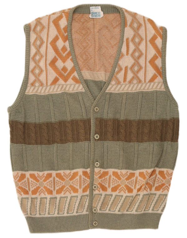 Enrico Coveri Mens Sleeveless Cardigan Sweater Medium Green Geometric