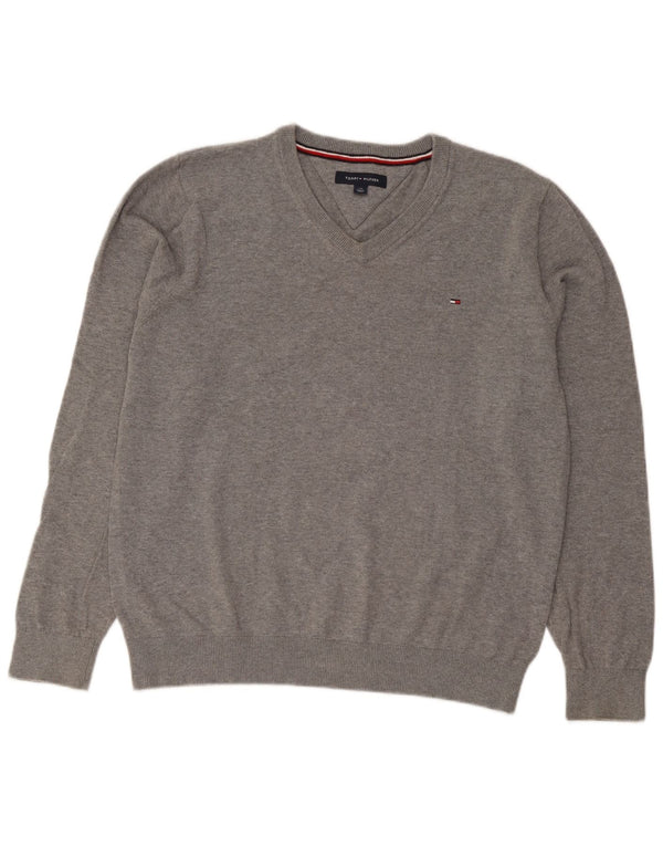 Tommy Hilfiger Mens V-Neck Jumper Sweater Large Grey Flecked Cotton