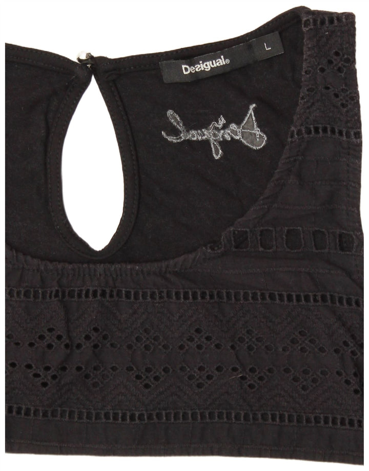 DESIGUAL Womens Graphic Vest Top UK 14 Large Black Striped