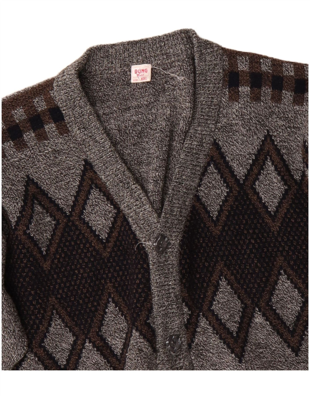 VINTAGE Mens Cardigan Sweater 2XL Grey Argyle/Diamond Acrylic