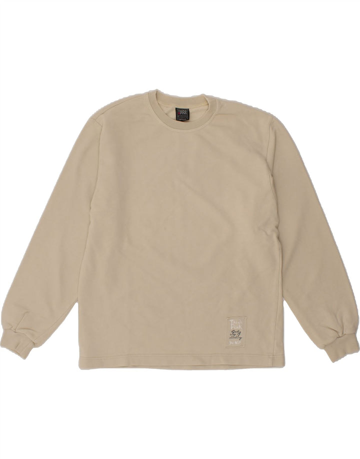 THINK PINK Mens Graphic Sweatshirt Jumper Medium Beige Cotton Vintage Think Pink and Second-Hand Think Pink from Messina Hembry 