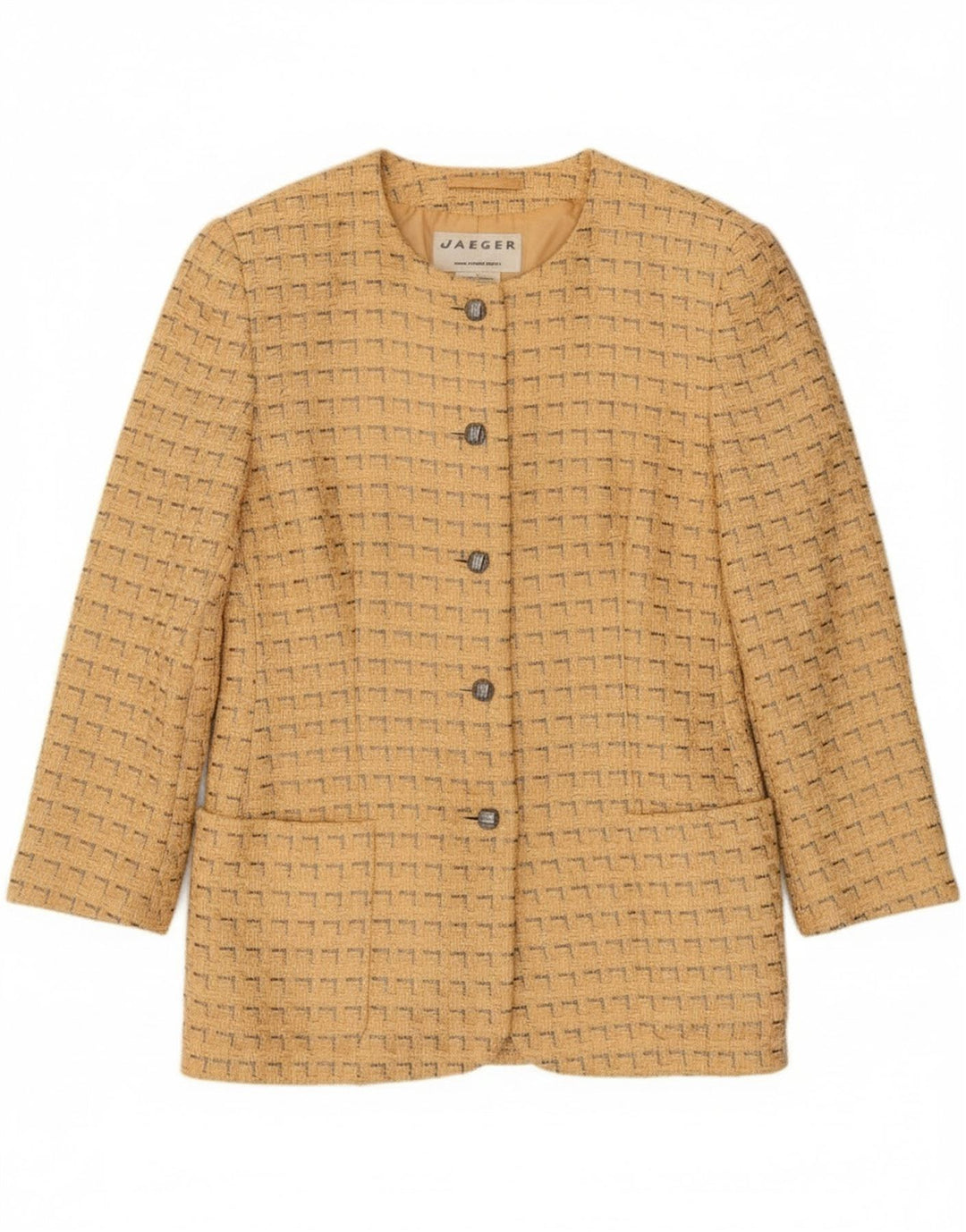 Jaeger Womens 5 Button Blazer Jacket UK 12 Medium Yellow Geometric Cotton