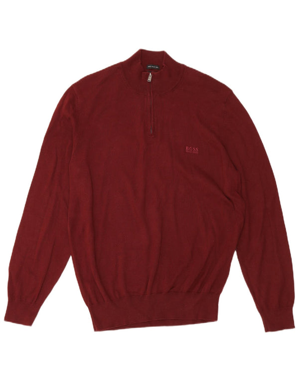 Hugo Boss Mens Zip Neck Jumper Sweater Large Burgundy Cotton