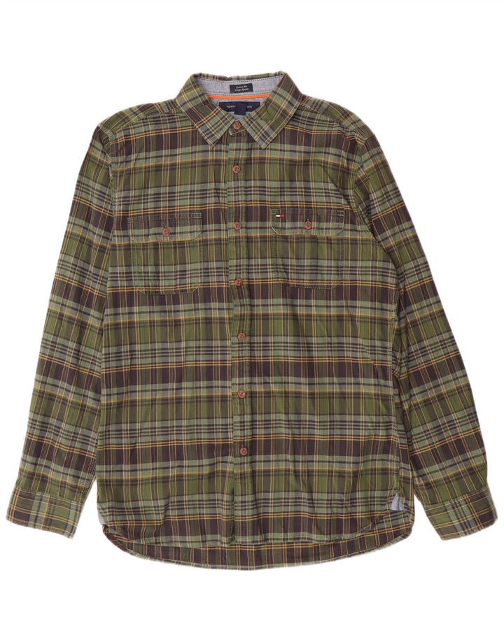 Tommy Hilfiger Mens Custom Fit Flannel Shirt Medium Green Check Cotton