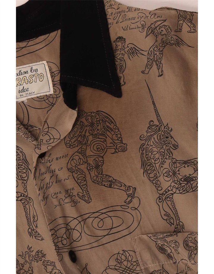 Vintage Mens Abstract Pattern Short Sleeve Shirt Large Grey Cotton