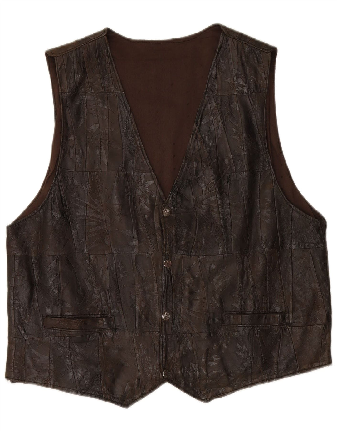 VINTAGE Mens Leather Waistcoat 2XL Brown Patchwork