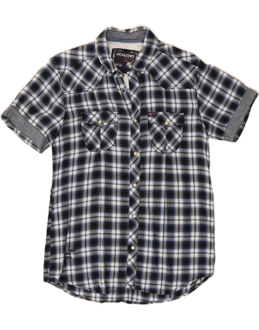 JACK & JONES Mens Short Sleeve Shirt Medium Navy Blue Check Vintage Jack & Jones and Second-Hand Jack & Jones from Messina Hembry 