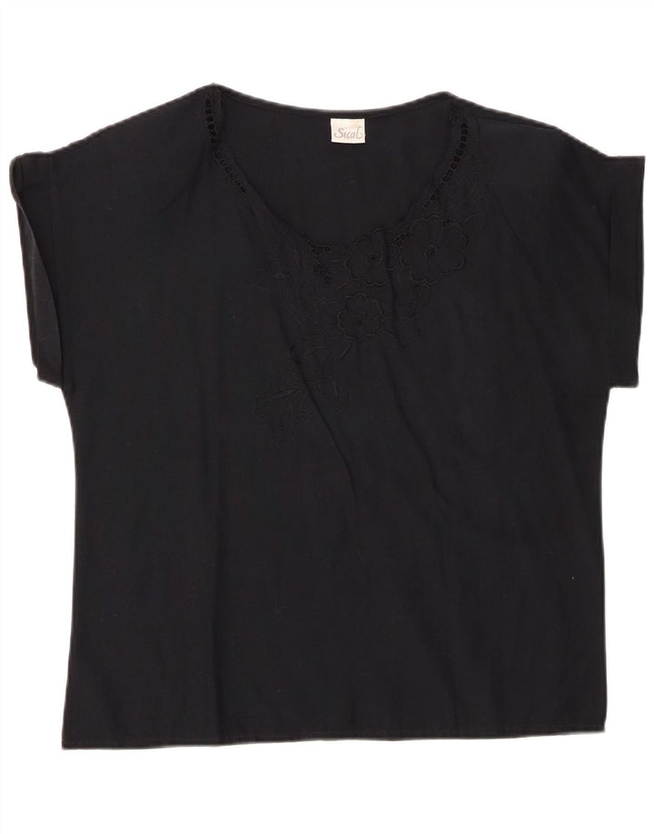 VINTAGE Womens Blouse Top IT 44 Medium Black Floral Cotton