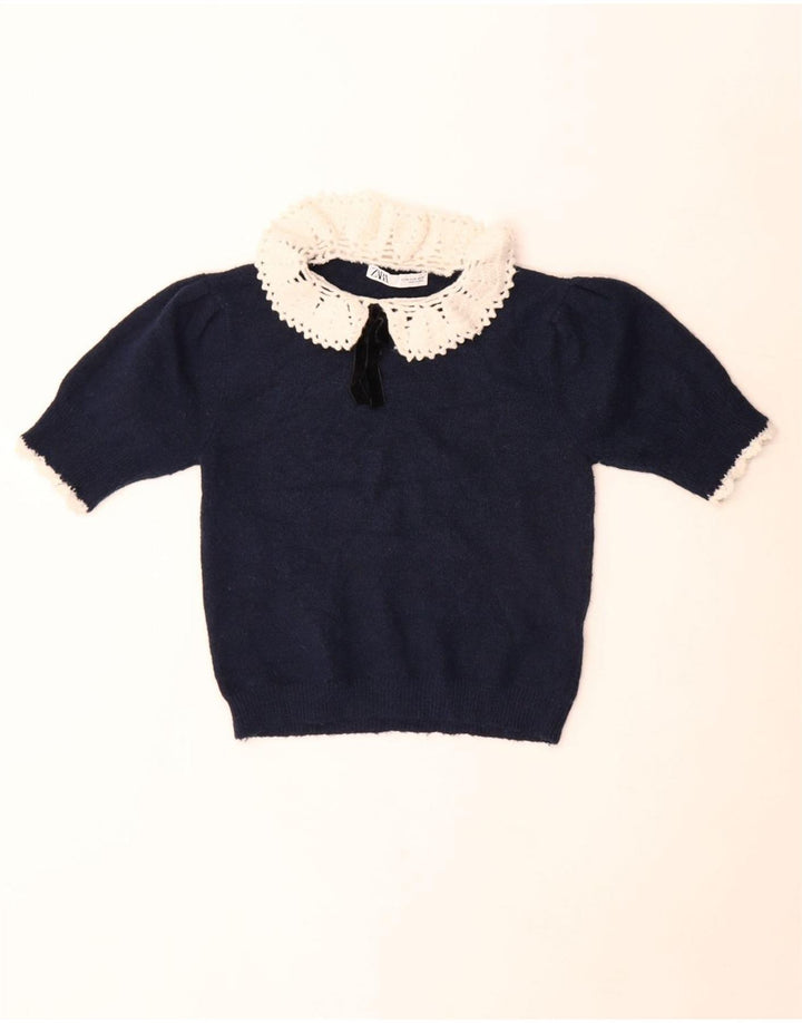 Zara Womens Knit Crop Top UK 12 Medium Navy Blue Polyester