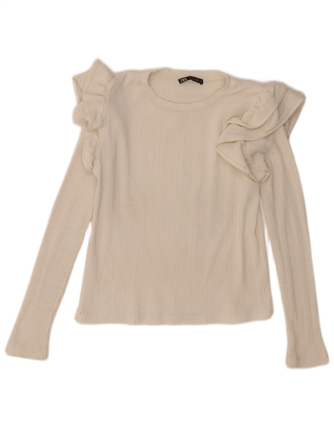 Zara Womens Ruffle Front Top Long Sleeve UK 10 Small Off White