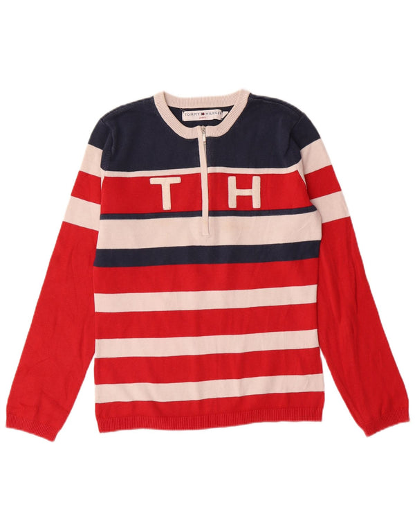 TOMMY HILFIGER Womens Zip Neck Jumper Sweater UK 12 Medium Red Striped