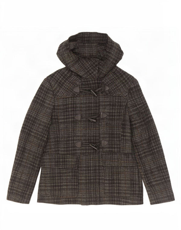 Benetton Womens Hooded Duffle Jacket IT 42 Medium Grey Check Acrylic