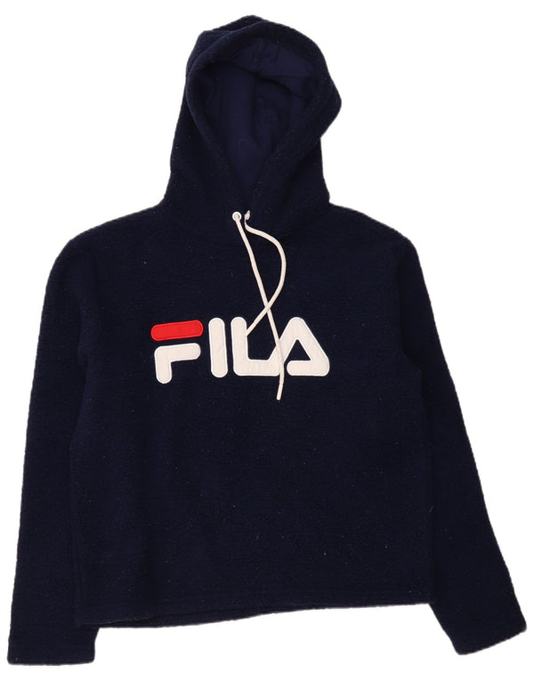 FILA Womens Graphic Hooded Fleece Jumper UK 14 Medium Navy Blue Polyester