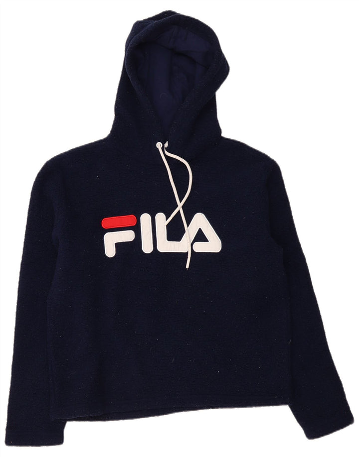 FILA Womens Graphic Hooded Fleece Jumper UK 14 Medium Navy Blue Polyester