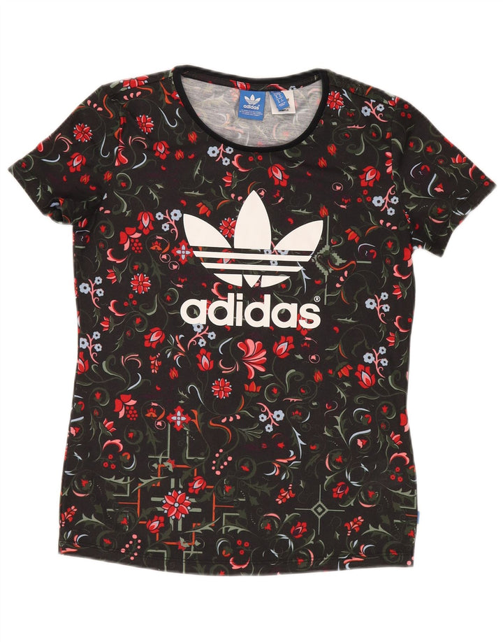 ADIDAS Womens Graphic T-Shirt Top UK 10 Small Black Floral Polyester