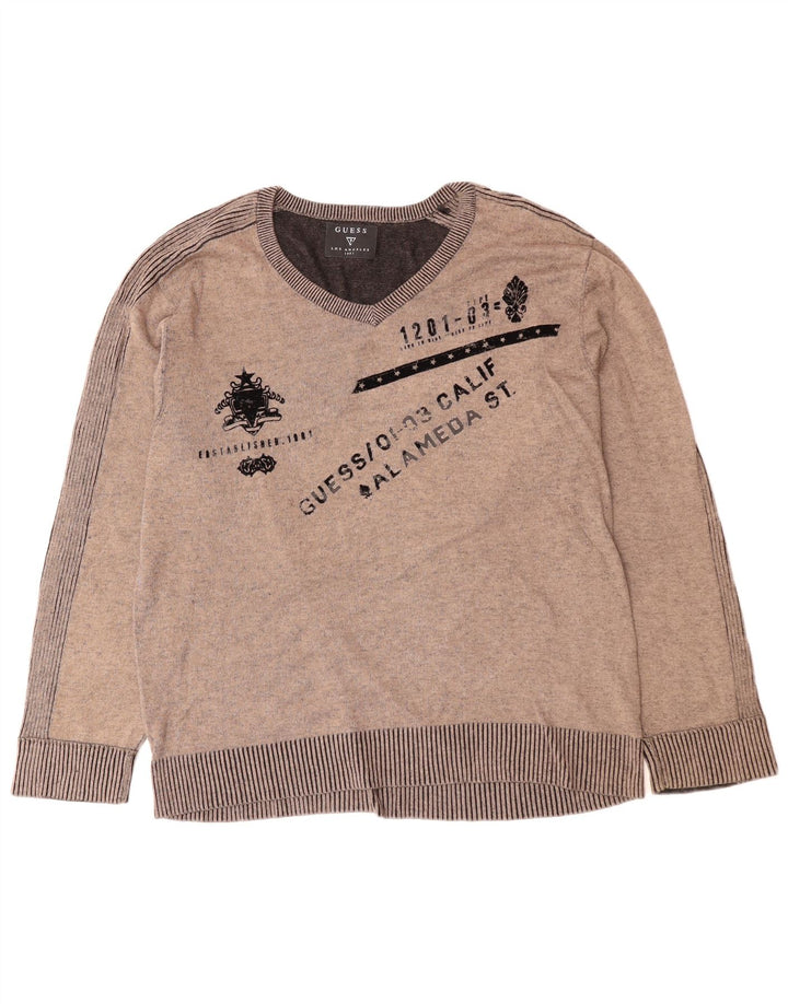 GUESS Mens Graphic V-Neck Jumper Sweater XL Grey