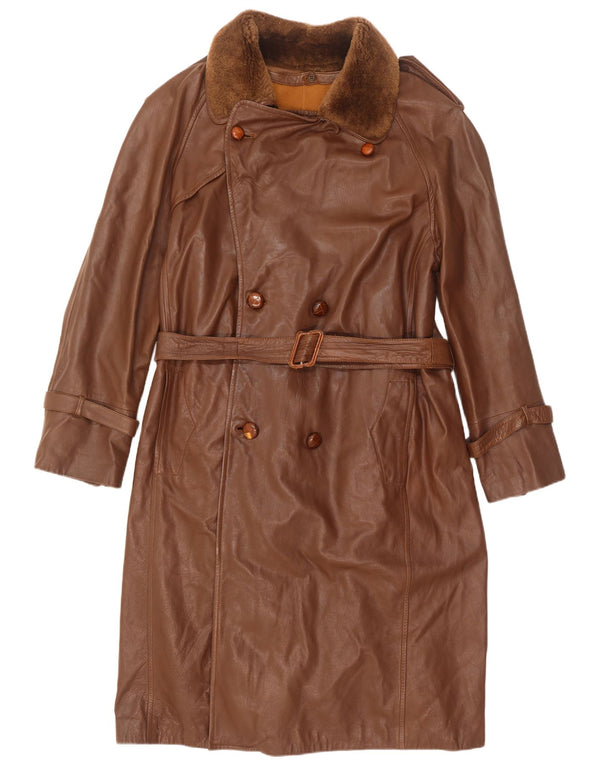 Vintage Mens Double Breasted Military Leather Coat IT 50 Large Brown