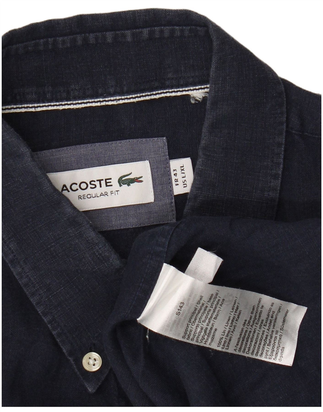 LACOSTE Mens Regular Fit Shirt Size 43 Large Navy Blue Linen