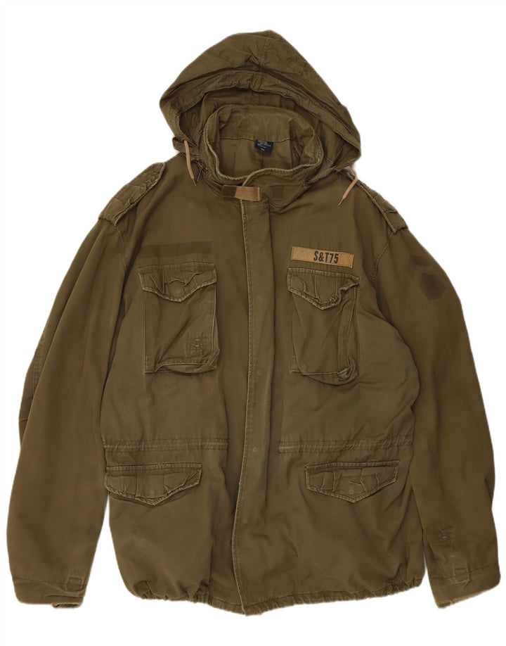 VINTAGE Mens Hooded Military Jacket UK 44 2XL Khaki Cotton