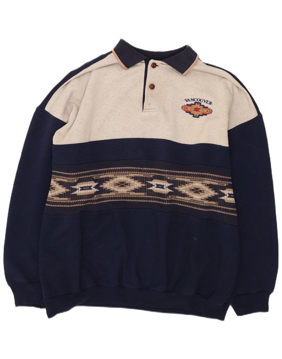 Vintage Mens Polo Neck Sweatshirt Jumper XL Navy Blue Colourblock Polyester