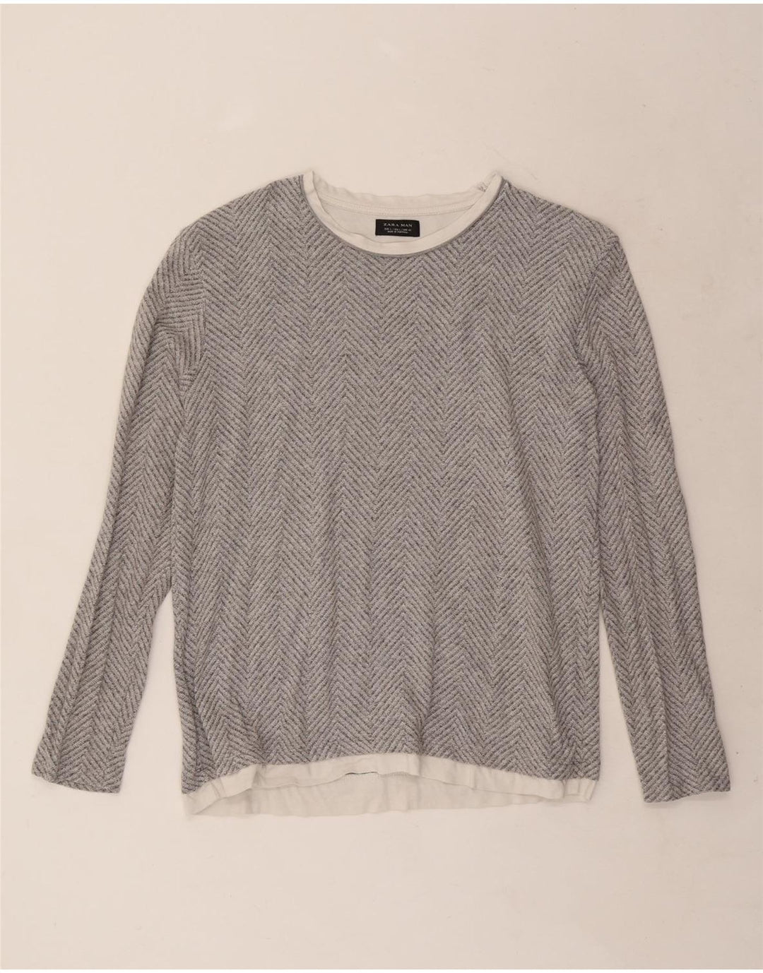 Zara Mens Top Long Sleeve Large Grey Herringbone