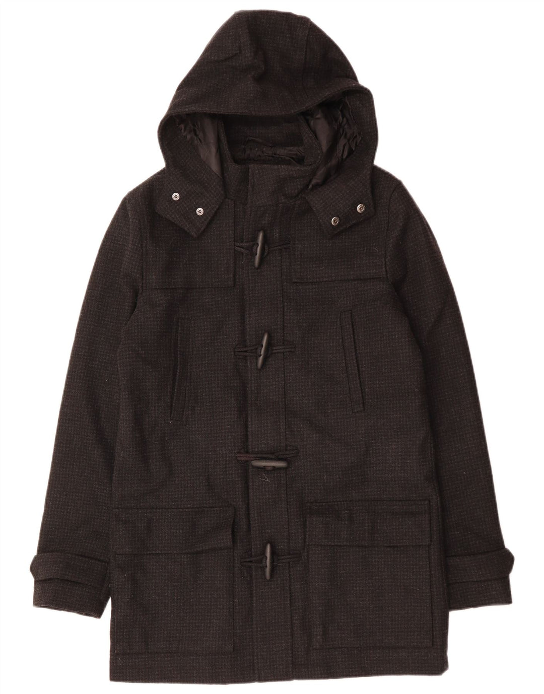 VINTAGE Mens Hooded Duffle Coat UK 38 Medium Black Houndstooth