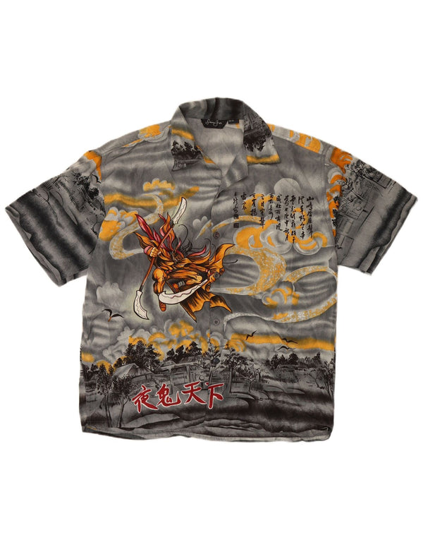 VINTAGE Mens Graphic Short Sleeve Shirt Medium Grey Silk