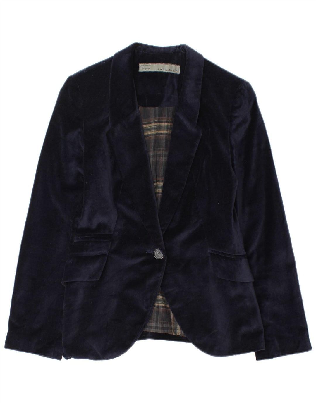 Zara Womens 1 Button Velvet Blazer Jacket UK 8 Small Navy Blue Cotton