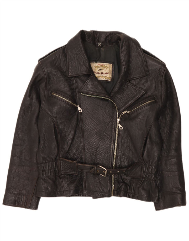 Chevignon Womens Leather Biker Jacket UK 14 Medium Black