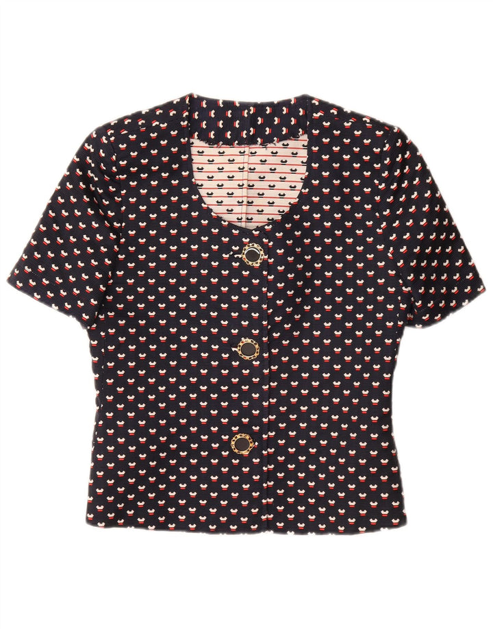 VINTAGE Womens 3 Button 2 Piece Set UK 12 Medium Navy Blue Spotted