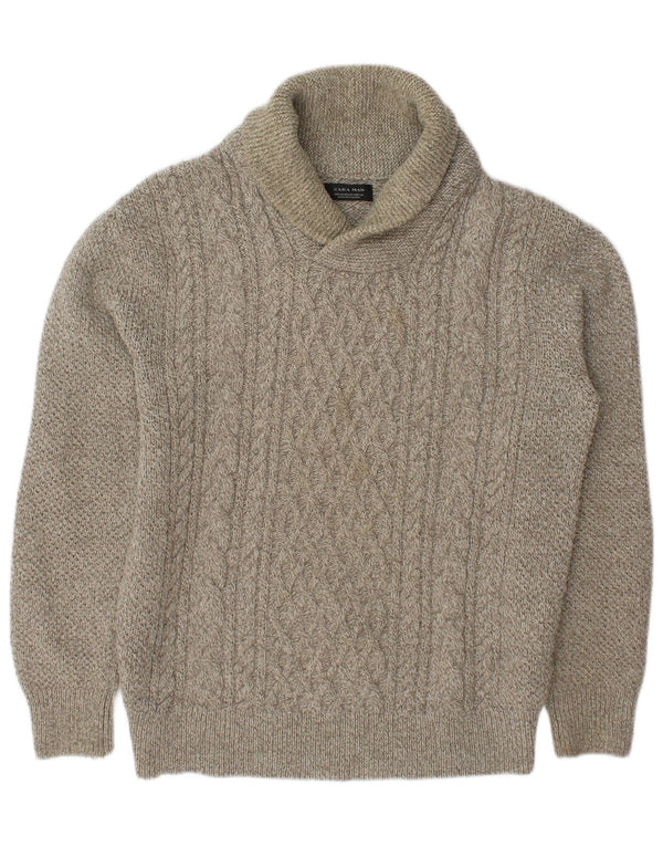 Zara Mens Shawl Neck Jumper Sweater Medium Beige Flecked Acrylic