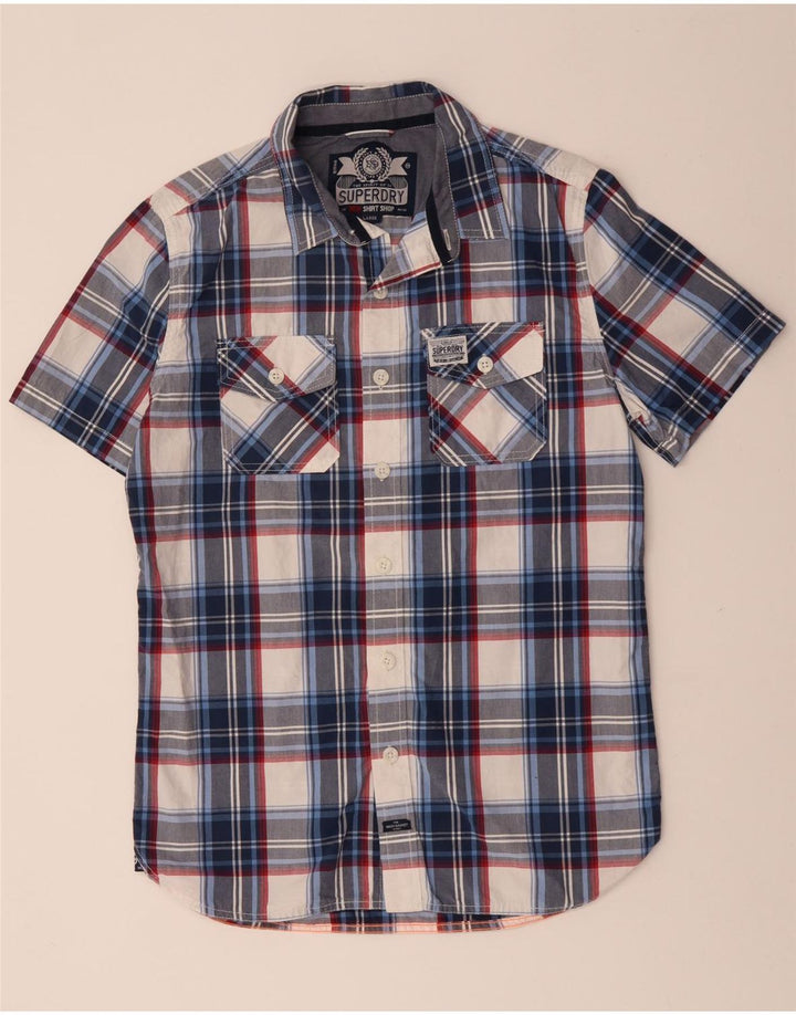 SUPERDRY Mens Short Sleeve Shirt Large Navy Blue Check Cotton