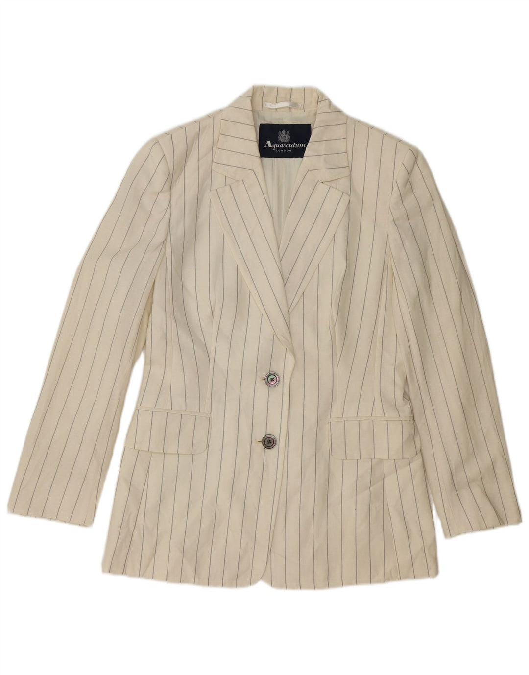 AQUASCUTUM Womens 2 Button Blazer Jacket UK 10 Small White Pinstripe Wool